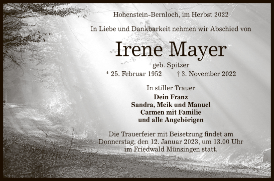 Anzeige von Irene Mayer von Reutlinger General-Anzeiger