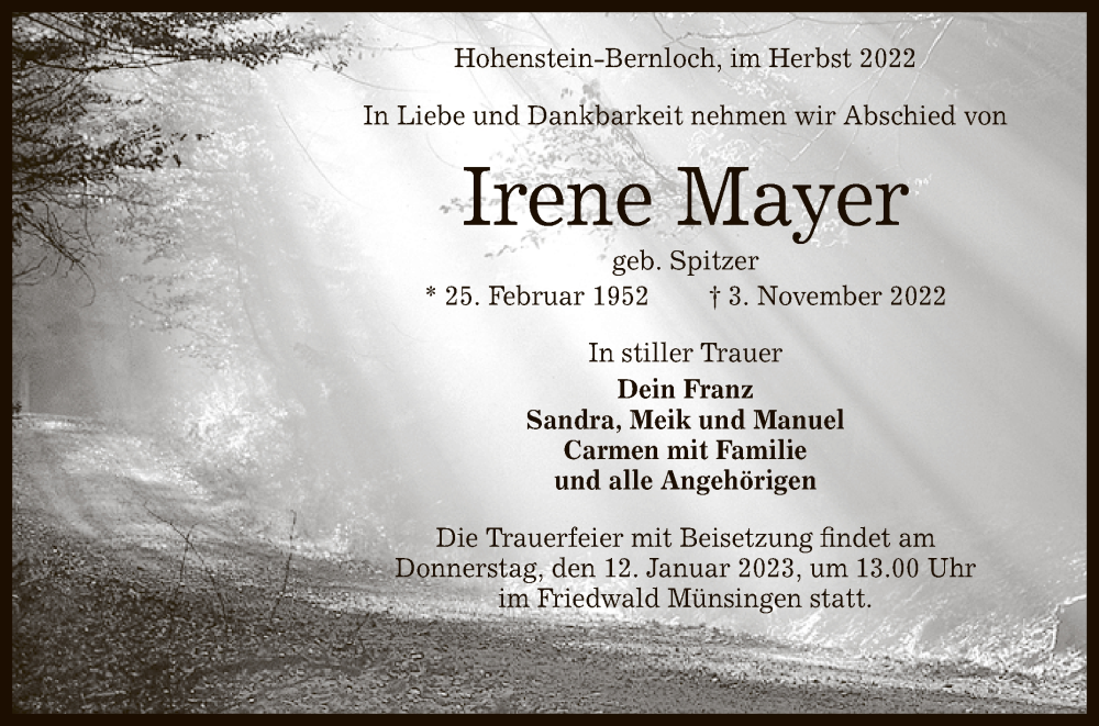  Traueranzeige für Irene Mayer vom 09.01.2023 aus Reutlinger General-Anzeiger