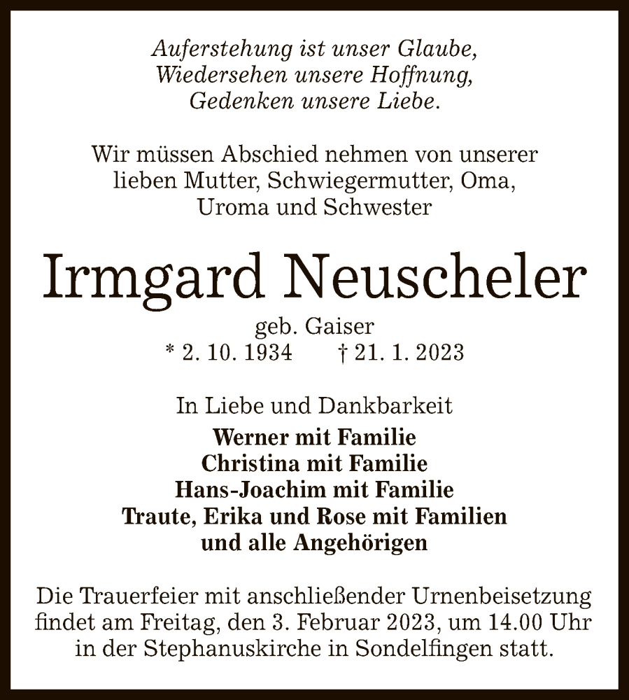  Traueranzeige für Irmgard Neuscheler vom 28.01.2023 aus Reutlinger General-Anzeiger