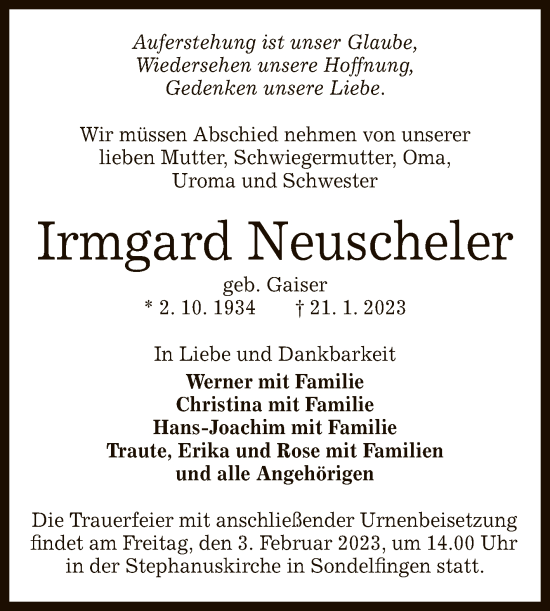 Anzeige von Irmgard Neuscheler von Reutlinger General-Anzeiger