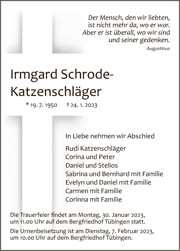  Traueranzeige für Irmgard Schrode-Katzenschläger vom 27.01.2023 aus Reutlinger General-Anzeiger