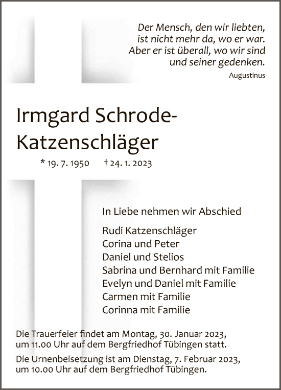 Anzeige von Irmgard Schrode-Katzenschläger von Reutlinger General-Anzeiger