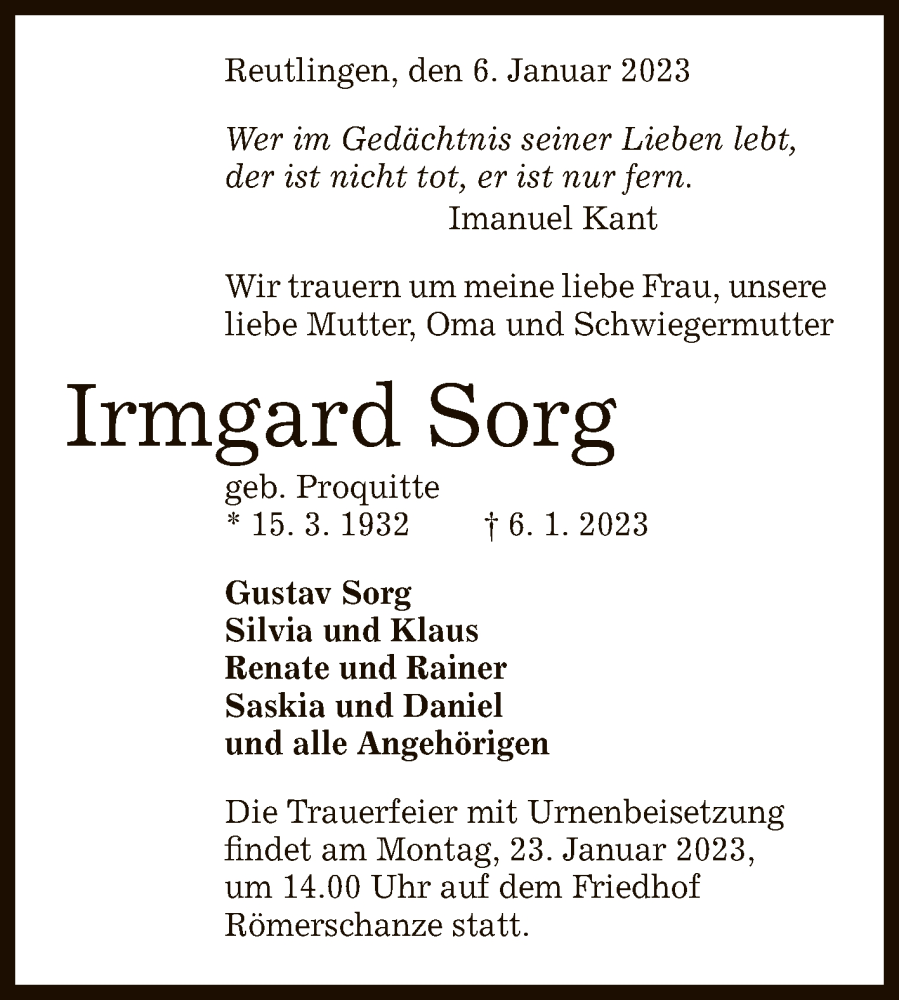  Traueranzeige für Irmgard Sorg vom 13.01.2023 aus Reutlinger General-Anzeiger