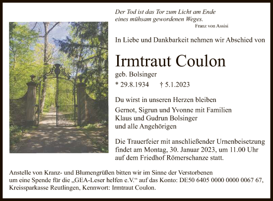 Anzeige von Irmtraut Coulon von Reutlinger General-Anzeiger