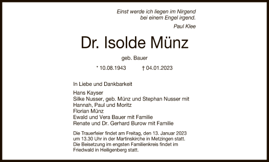 Anzeige von Isolde Münz von Reutlinger General-Anzeiger