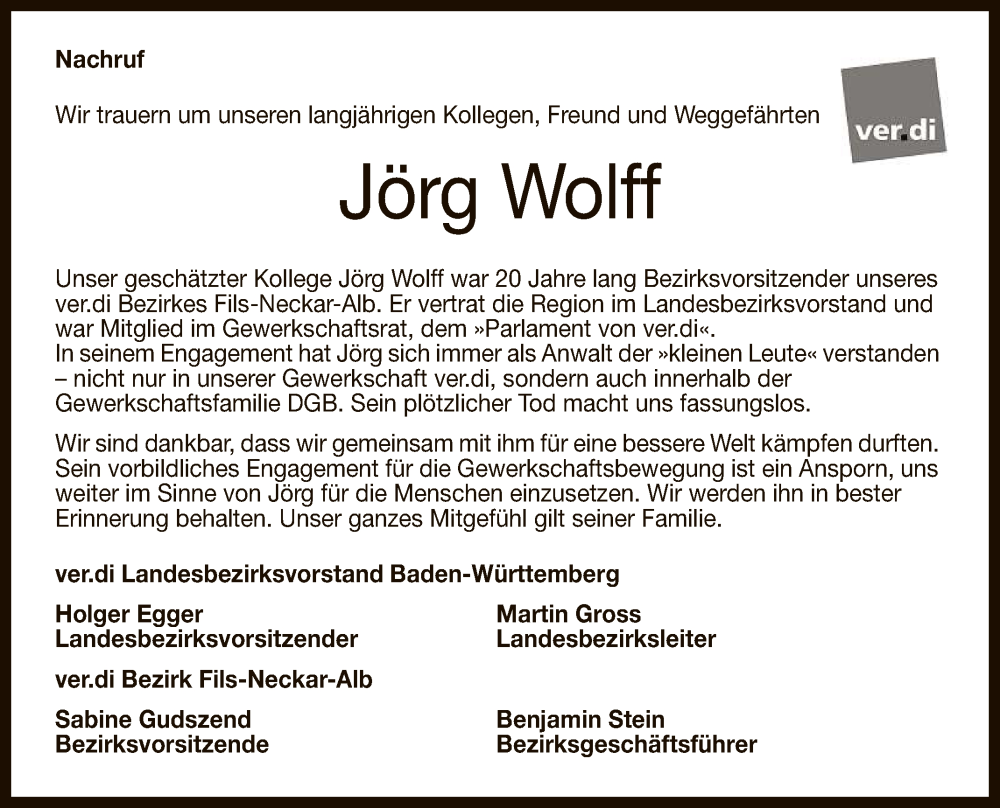  Traueranzeige für Jörg Wolff vom 14.01.2023 aus Reutlinger General-Anzeiger