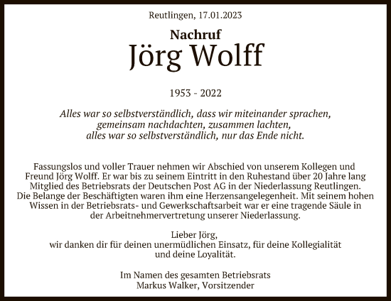 Anzeige von Jörg Wolff von Reutlinger General-Anzeiger