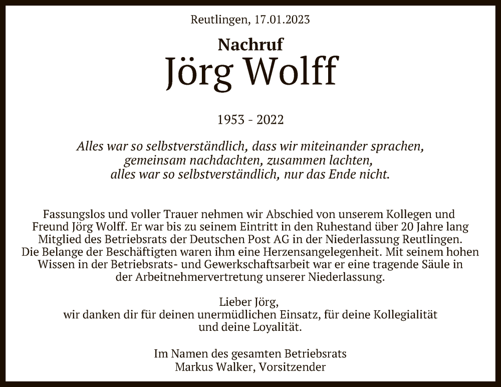  Traueranzeige für Jörg Wolff vom 17.01.2023 aus Reutlinger General-Anzeiger