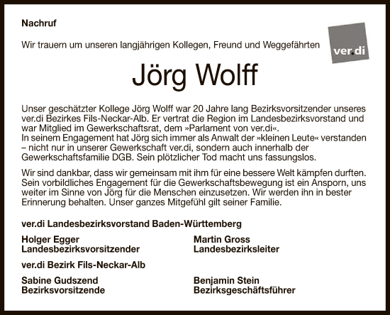 Anzeige von Jörg Wolff von Reutlinger General-Anzeiger