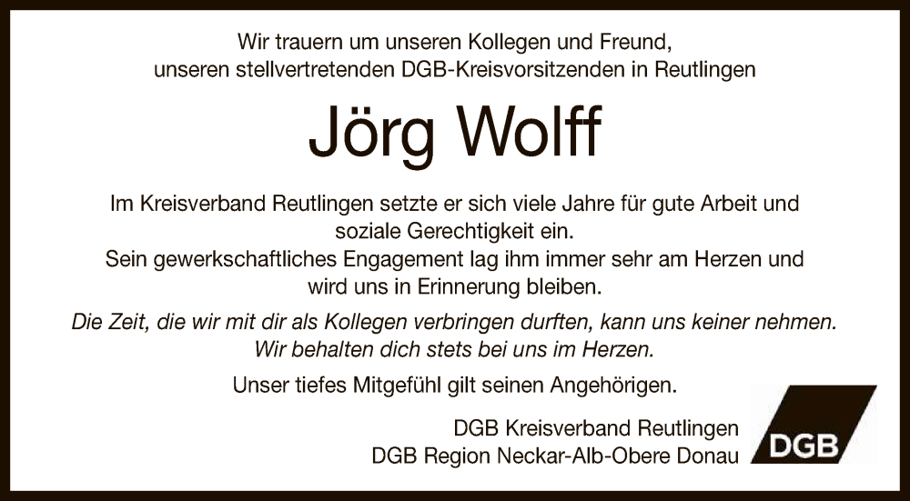  Traueranzeige für Jörg Wolff vom 14.01.2023 aus Reutlinger General-Anzeiger