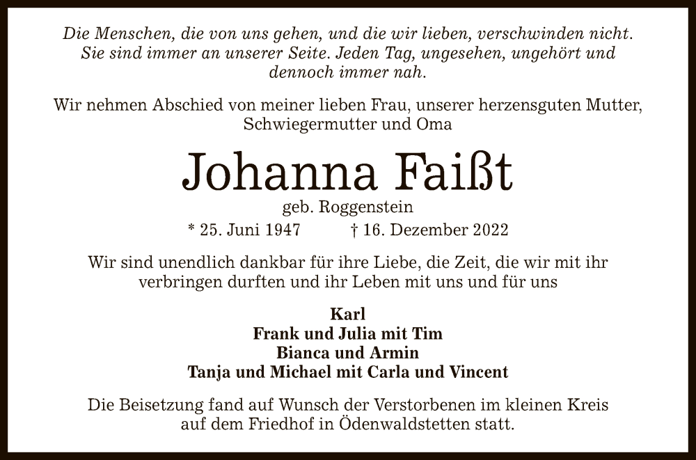  Traueranzeige für Johanna Faißt vom 05.01.2023 aus Reutlinger General-Anzeiger