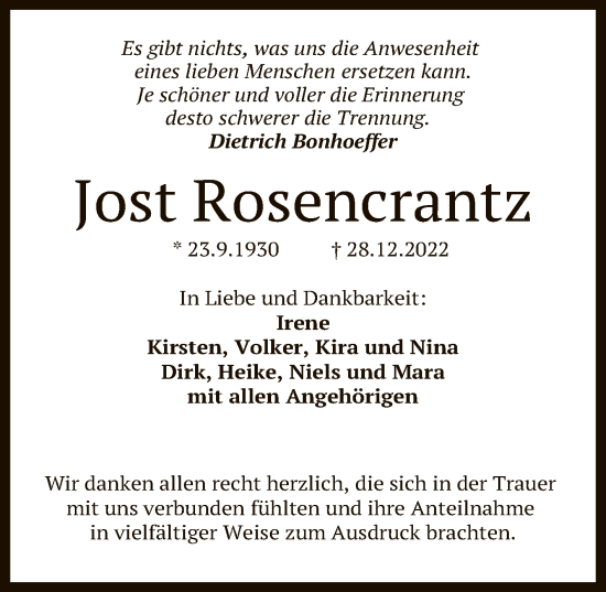 Anzeige von Jost Rosencrantz von Reutlinger General-Anzeiger