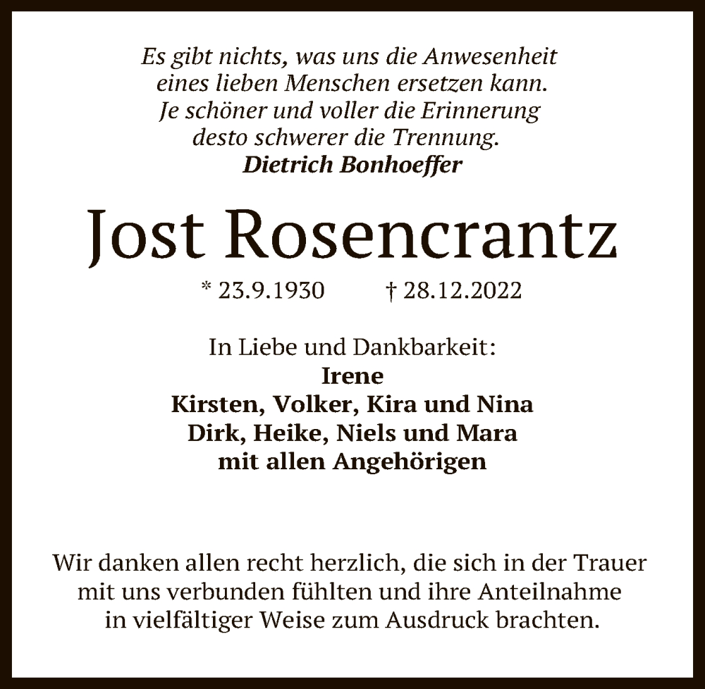  Traueranzeige für Jost Rosencrantz vom 21.01.2023 aus Reutlinger General-Anzeiger