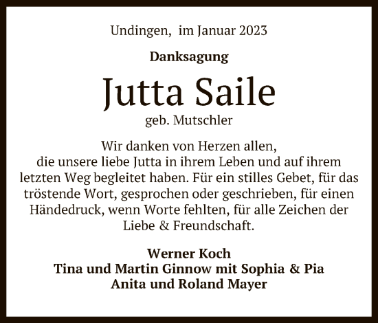 Anzeige von Jutta Saile von Reutlinger General-Anzeiger