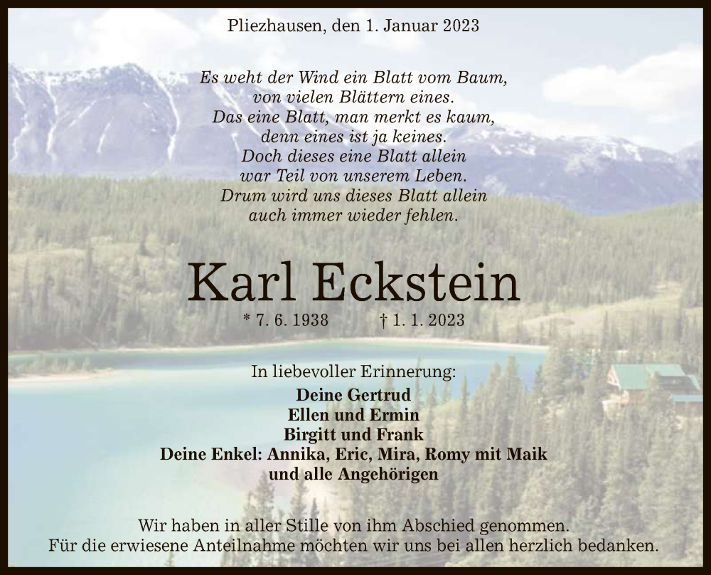  Traueranzeige für Karl Eckstein vom 13.01.2023 aus Reutlinger General-Anzeiger