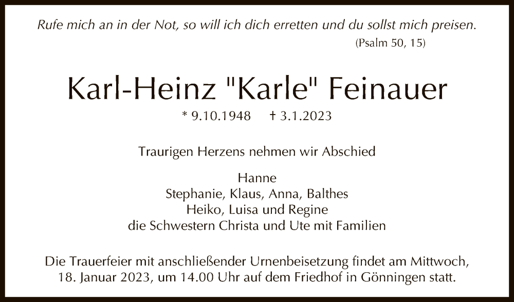  Traueranzeige für Karl-Heinz Feinauer vom 14.01.2023 aus Reutlinger General-Anzeiger