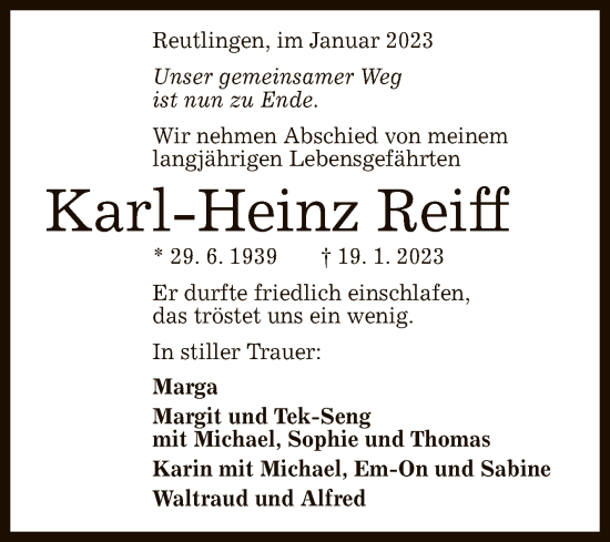 Anzeige von Karl-Heinz Reiff von Reutlinger General-Anzeiger