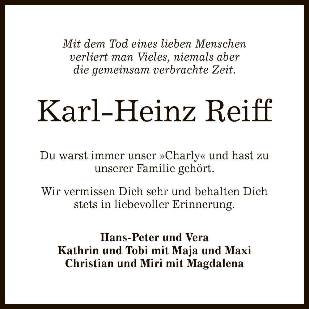  Traueranzeige für Karl-Heinz Reiff vom 25.01.2023 aus Reutlinger General-Anzeiger