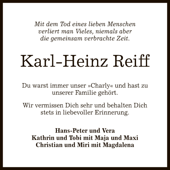 Anzeige von Karl-Heinz Reiff von Reutlinger General-Anzeiger
