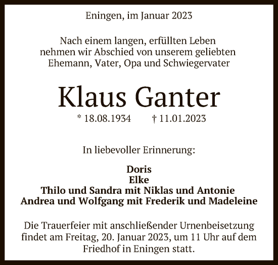 Anzeige von Klaus Ganter von Reutlinger General-Anzeiger