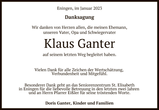 Anzeige von Klaus Ganter von Reutlinger General-Anzeiger