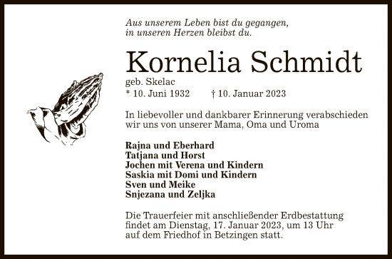 Anzeige von Kornelia Schmidt von Reutlinger General-Anzeiger