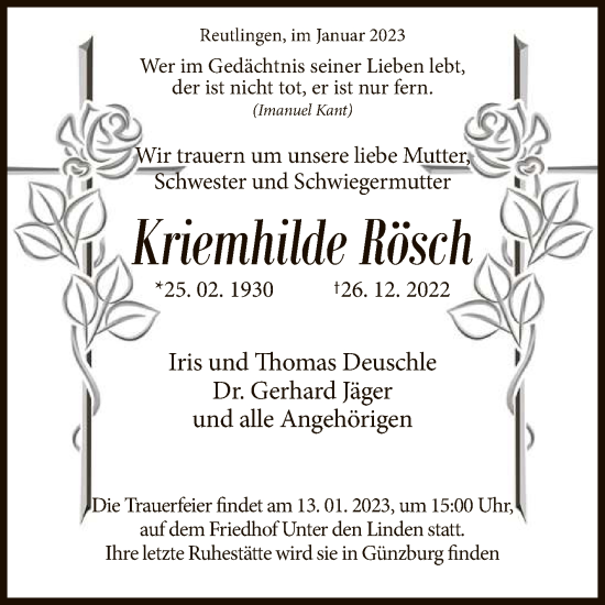 Anzeige von Kriemhilde Rösch von Reutlinger General-Anzeiger