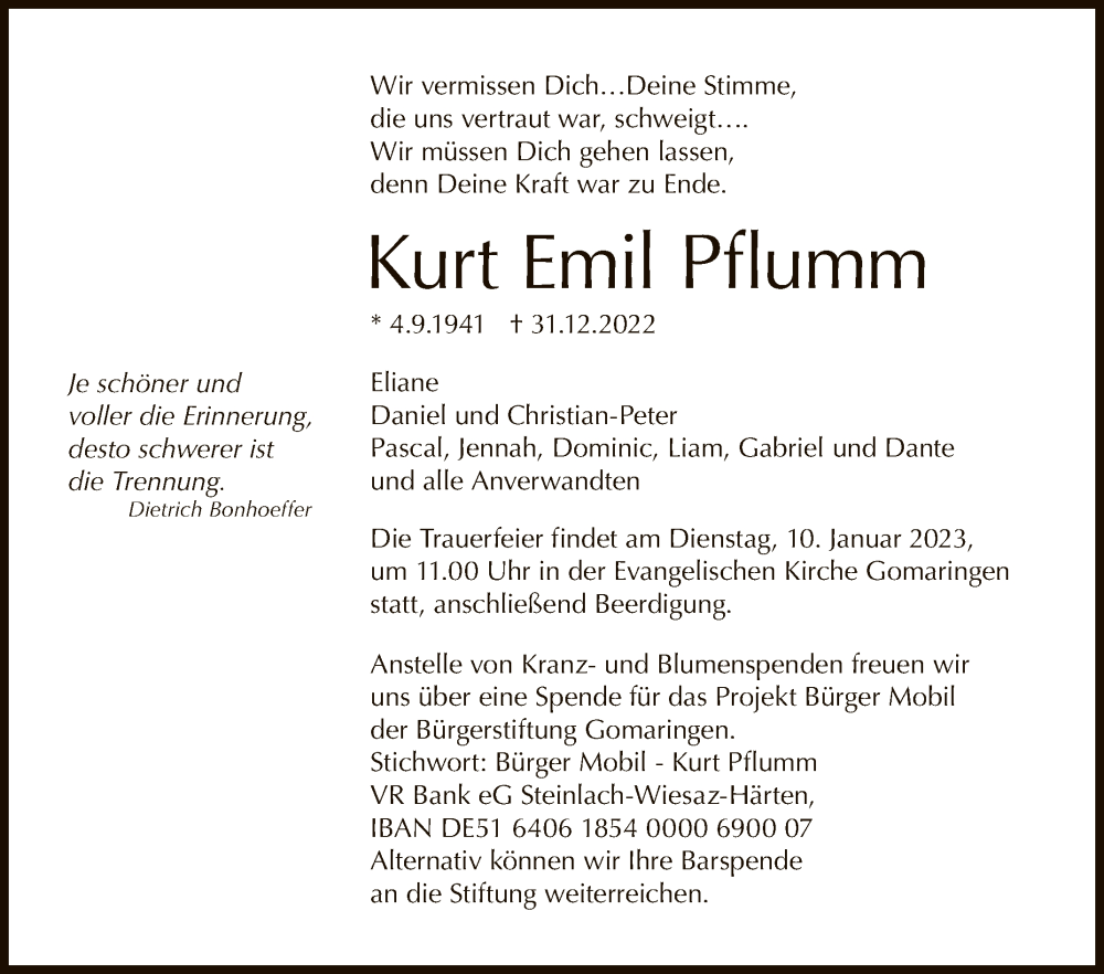  Traueranzeige für Kurt Emil Pflumm vom 07.01.2023 aus Reutlinger General-Anzeiger