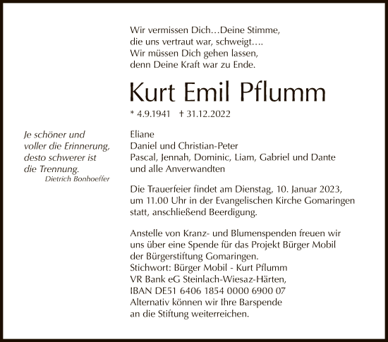 Anzeige von Kurt Emil Pflumm von Reutlinger General-Anzeiger