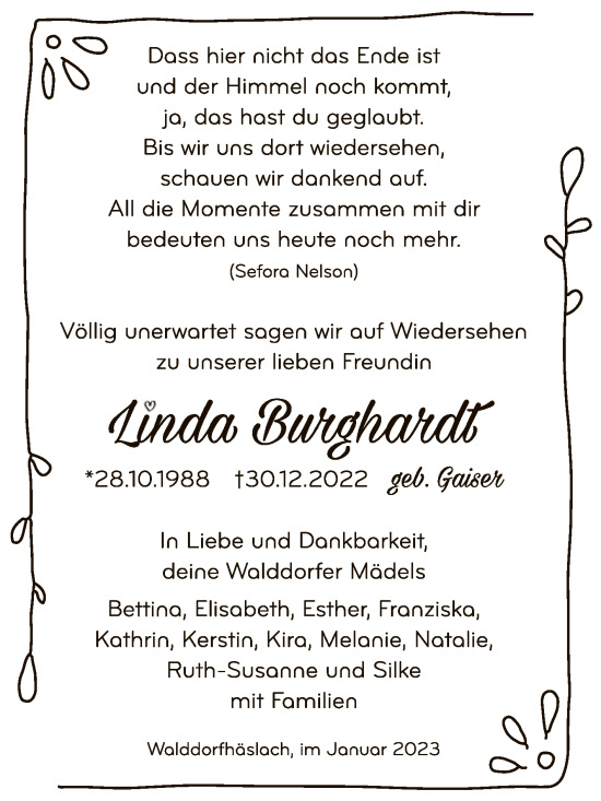 Anzeige von Linda Burghardt von Reutlinger General-Anzeiger