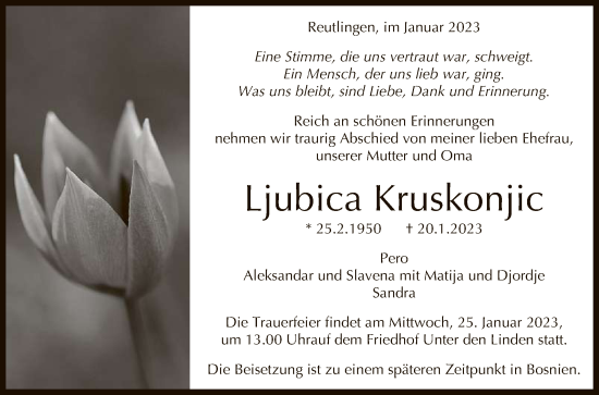 Anzeige von Ljubica Kruskonjic von Reutlinger General-Anzeiger