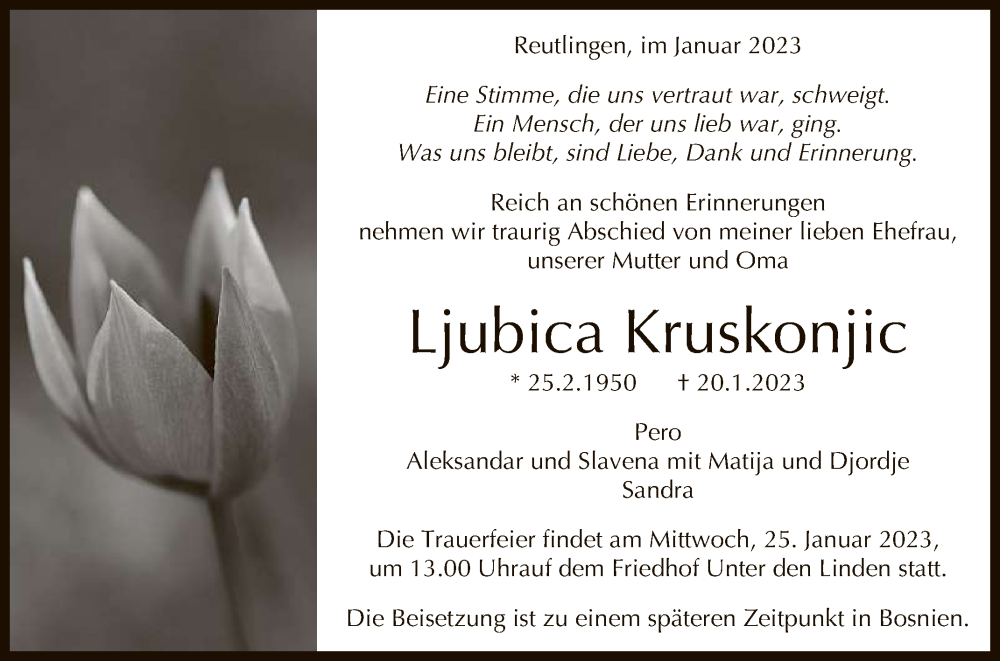  Traueranzeige für Ljubica Kruskonjic vom 24.01.2023 aus Reutlinger General-Anzeiger