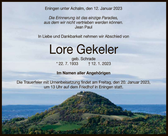 Anzeige von Lore Gekeler von Reutlinger General-Anzeiger