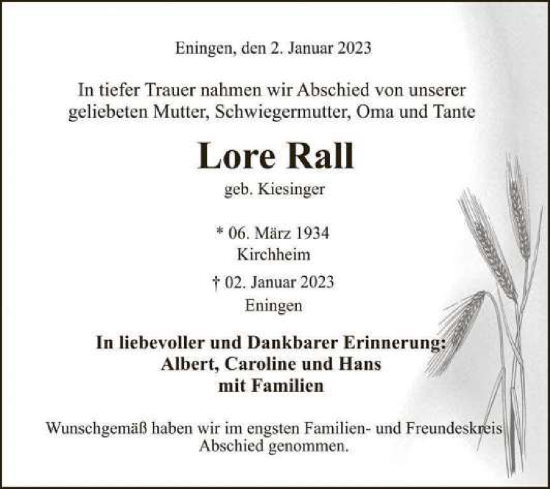 Anzeige von Lore Rall von Reutlinger General-Anzeiger