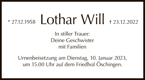 Anzeige von Lothar Will von Reutlinger General-Anzeiger