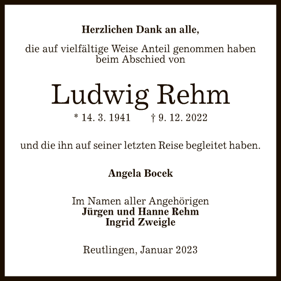 Anzeige von Ludwig Rehm von Reutlinger General-Anzeiger