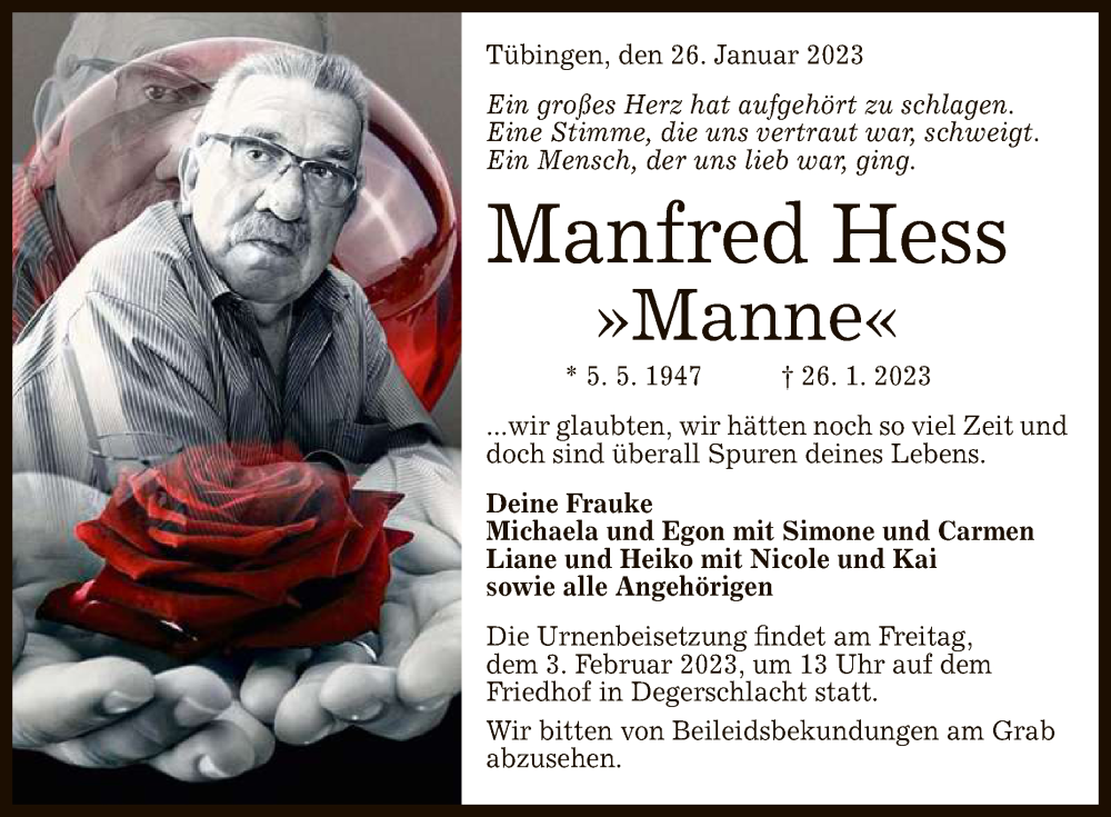  Traueranzeige für Manfred Hess vom 28.01.2023 aus Reutlinger General-Anzeiger