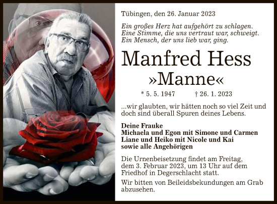 Anzeige von Manfred Hess von Reutlinger General-Anzeiger