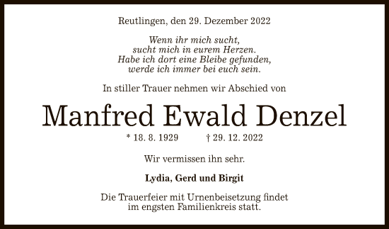 Anzeige von Manfred Ewald Denzel von Reutlinger General-Anzeiger