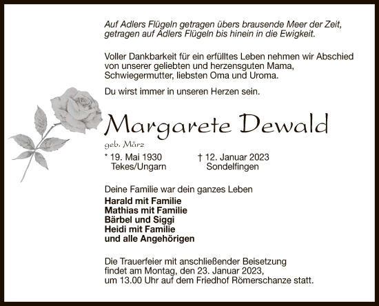 Anzeige von Margarete Dewald von Reutlinger General-Anzeiger