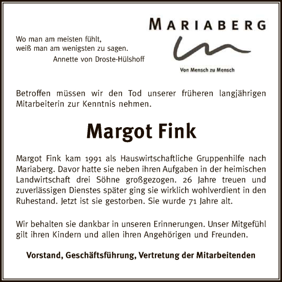 Anzeige von Margot Fink von Reutlinger General-Anzeiger