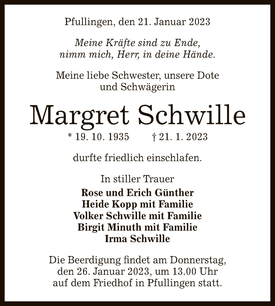  Traueranzeige für Margret Schwille vom 25.01.2023 aus Reutlinger General-Anzeiger