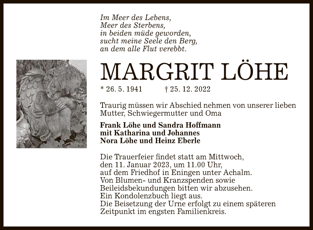  Traueranzeige für Margrit Löhe vom 07.01.2023 aus Reutlinger General-Anzeiger