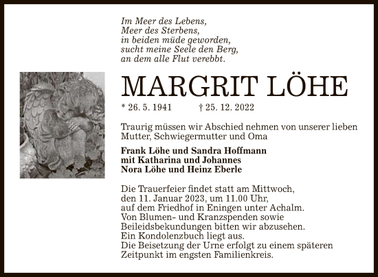 Anzeige von Margrit Löhe von Reutlinger General-Anzeiger