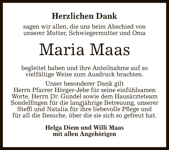 Anzeige von Maria Maas von Reutlinger General-Anzeiger