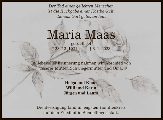 Anzeige von Maria Maas von Reutlinger General-Anzeiger