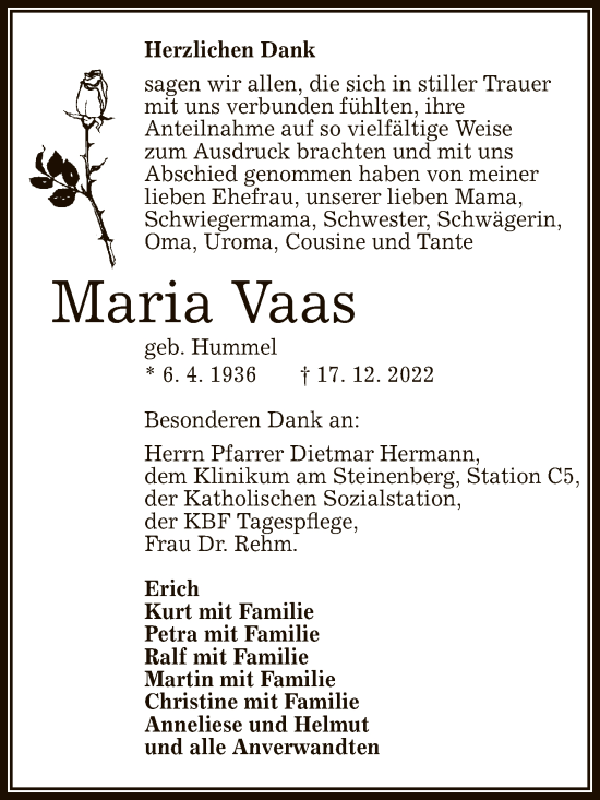 Anzeige von Maria Vaas von Reutlinger General-Anzeiger
