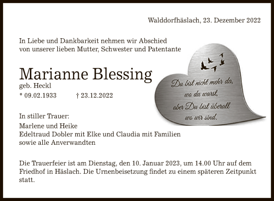 Anzeige von Marianne Blessing von Reutlinger General-Anzeiger