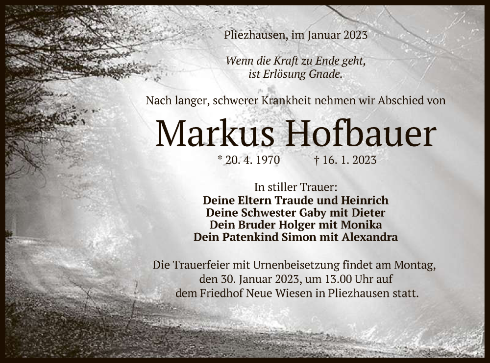  Traueranzeige für Markus Hofbauer vom 21.01.2023 aus Reutlinger General-Anzeiger