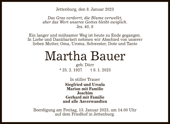 Anzeige von Martha Bauer von Reutlinger General-Anzeiger